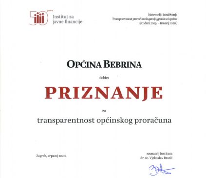 Priznanje za transparentnost proračuna Općine Bebrina 2020